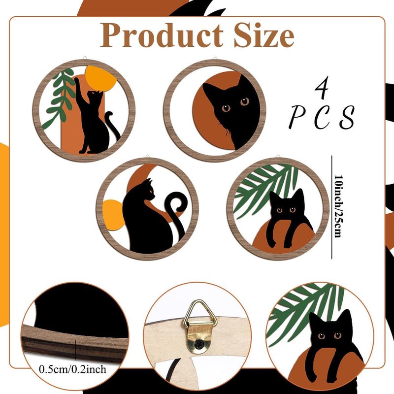 XFN 4PCs 3D Boho Cat Hanging Wooden Wall Art Wall Decor, Botanical Wall Decor Bohemian Decor, Cat Lover Gifts, Wooden Sign Wood Art Wood Plaque Home Decor for Living Room Bedroom Farmhouse Bathroom - Image 2